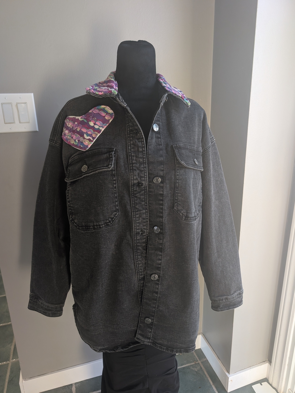 Grand Beach Club Black Denim Jacket with Multicolor Quilted Collar And Heart